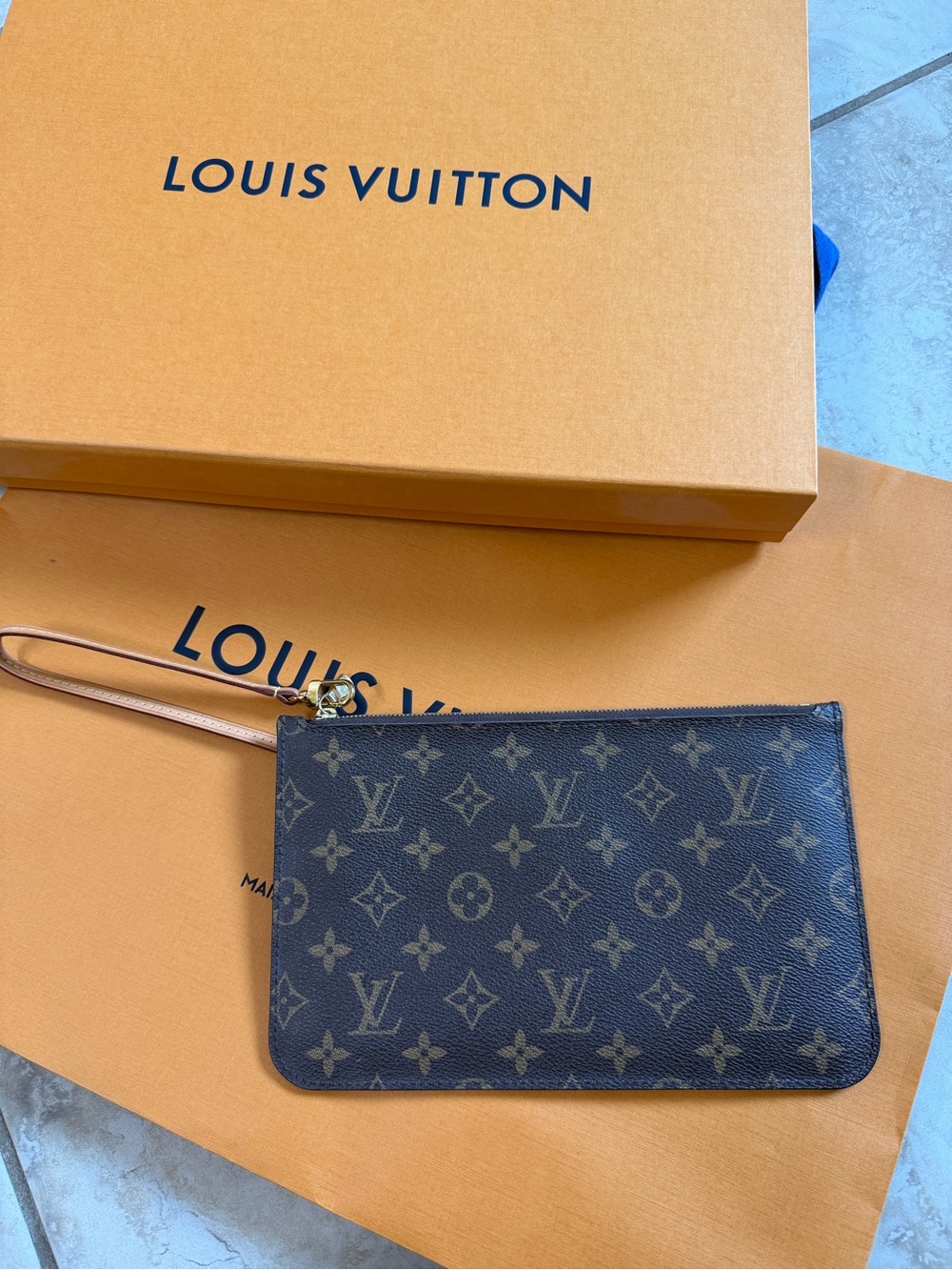 Louis Vuitton Monogram Canvas Wristlet Pouch Brown with Natural Leather Strap